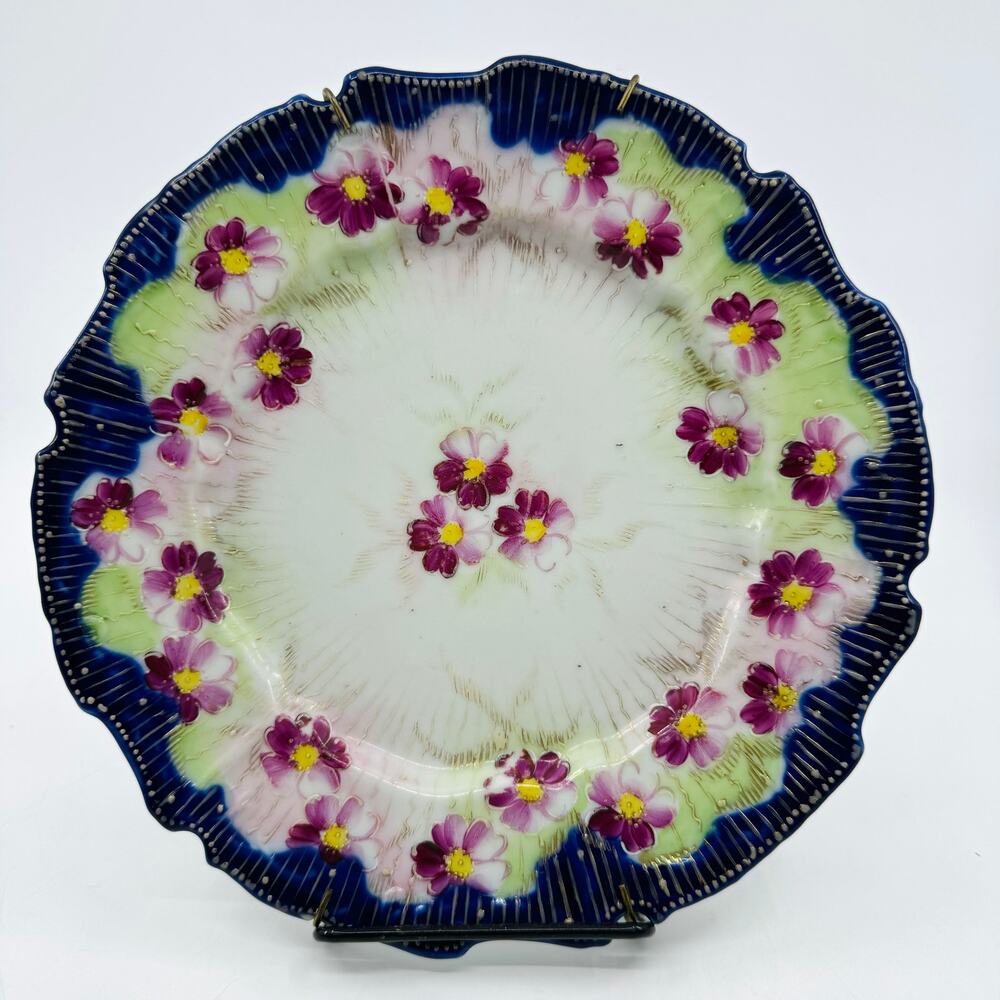 Nippon Hand Painted Floral Cabinet Display Plate Cobalt Blue Rim VTG Cottagecore